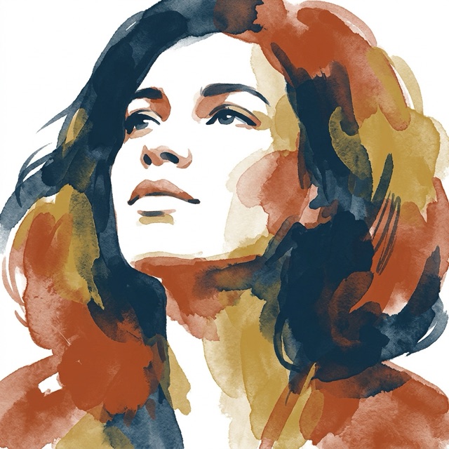 Retrato ilustrado em aquarela, expressão contemplativa