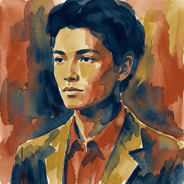 Retrato ilustrado em aquarela, postura serena