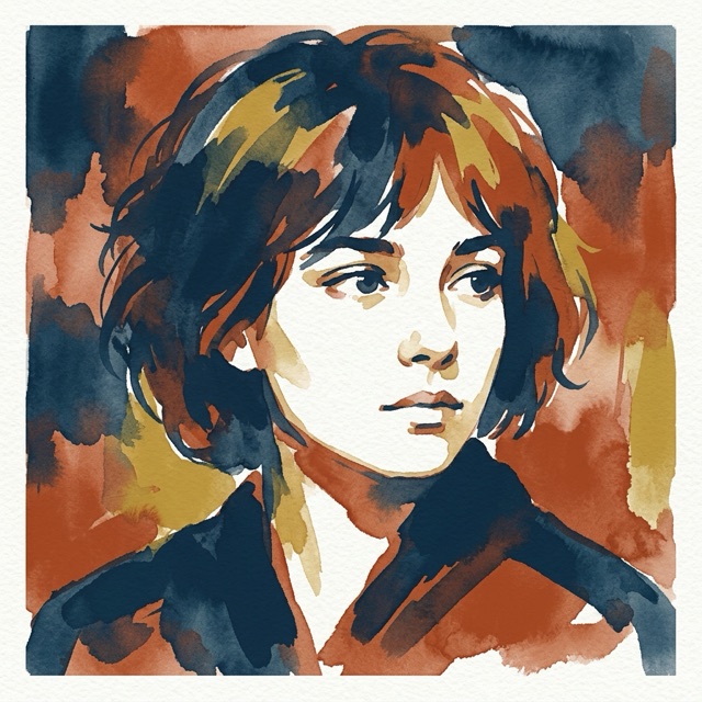 Retrato ilustrado em aquarela, expressão curiosa