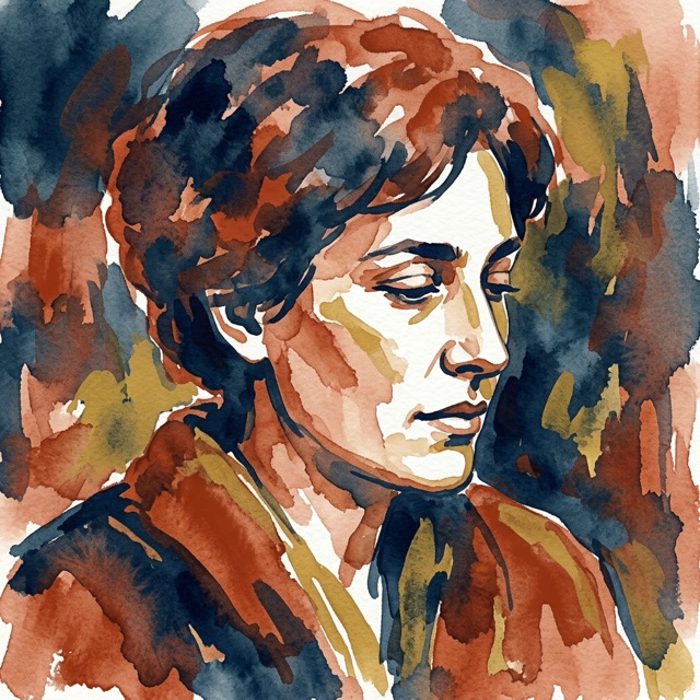 Retrato ilustrado em aquarela, perfil introspectivo