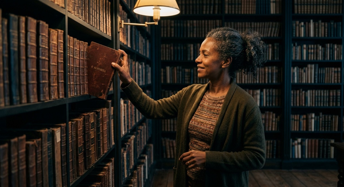 Mulher em biblioteca consultando livro antigo