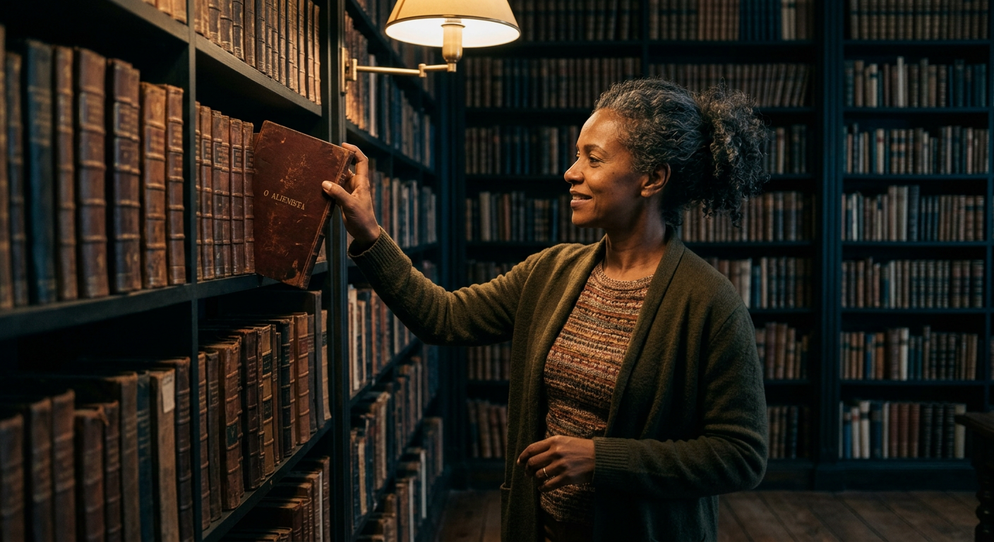 Mulher em biblioteca consultando livro antigo