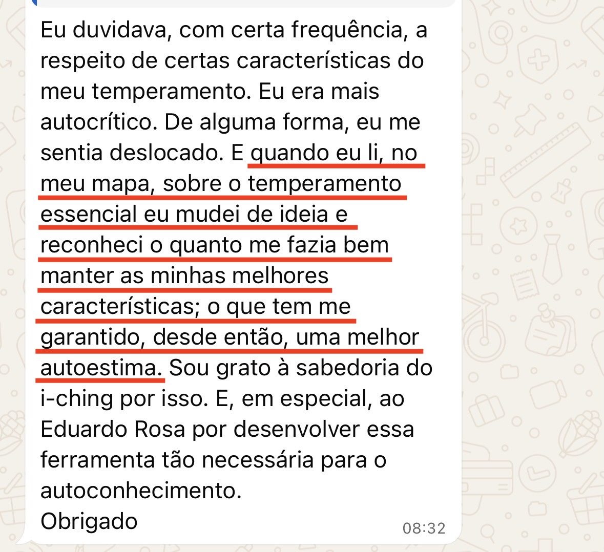 Print de WhatsApp do depoimento de Bruno Serra